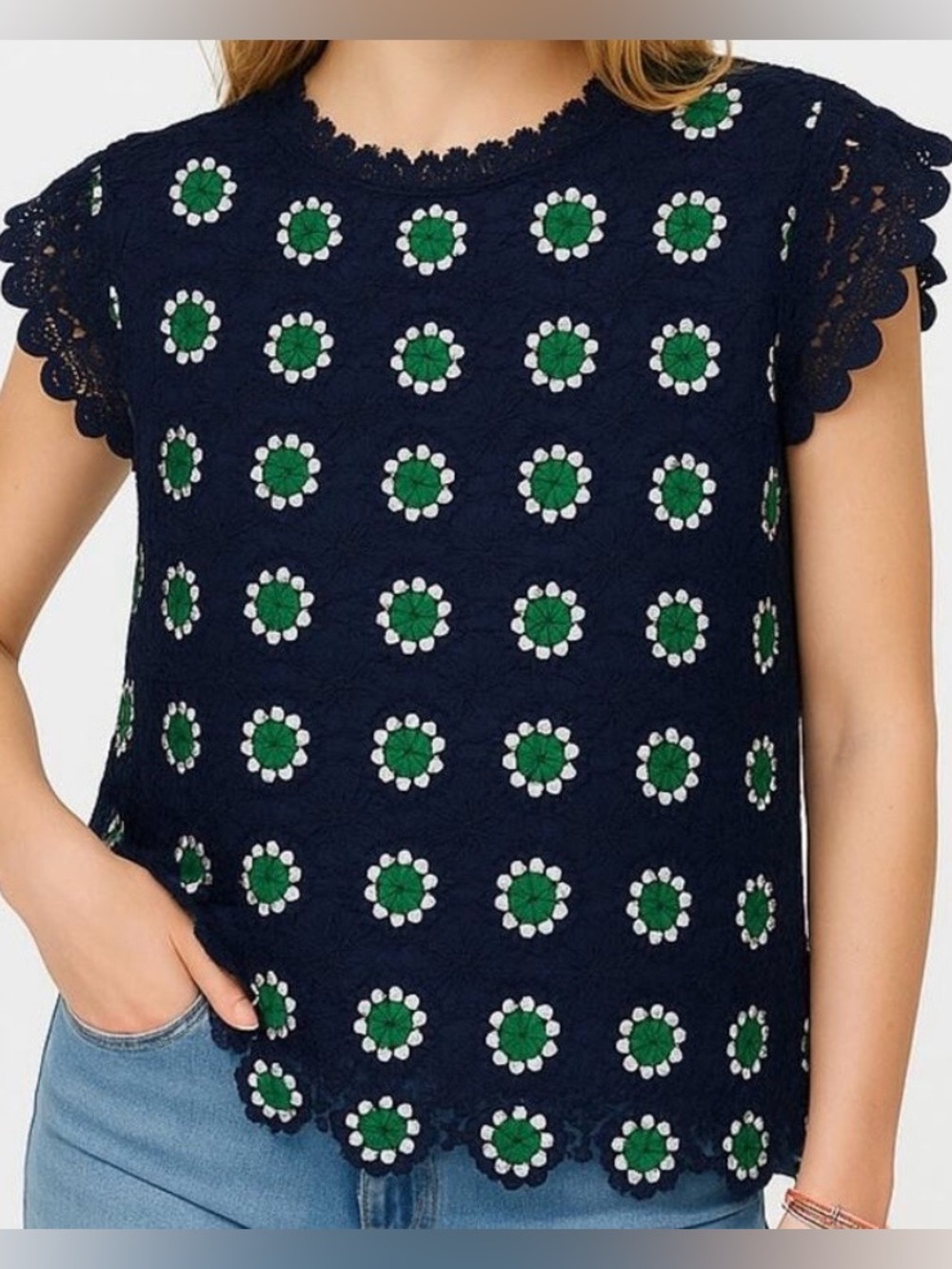 J. Crew Navy Blue & Green Floral Embroidered Crochet Eyelet Lace Top ~ XS